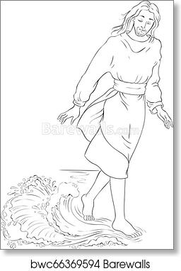 Jesus walking on water, line drawing for coloring page or religious illustration.