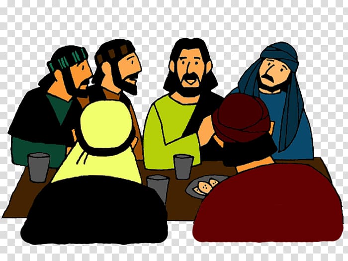 Jesus and his disciples sharing a meal at a table, depicted in colorful cartoon style.
