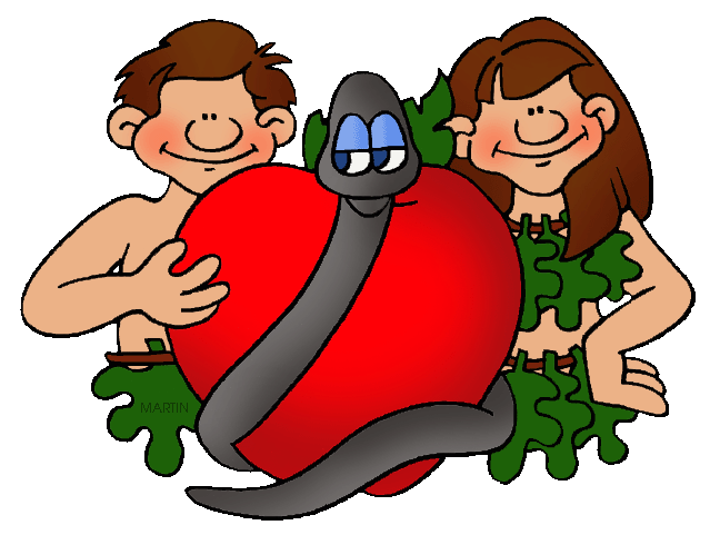 Cartoon of Adam and Eve with a serpent coiled around a red apple, smiling in a garden setting.