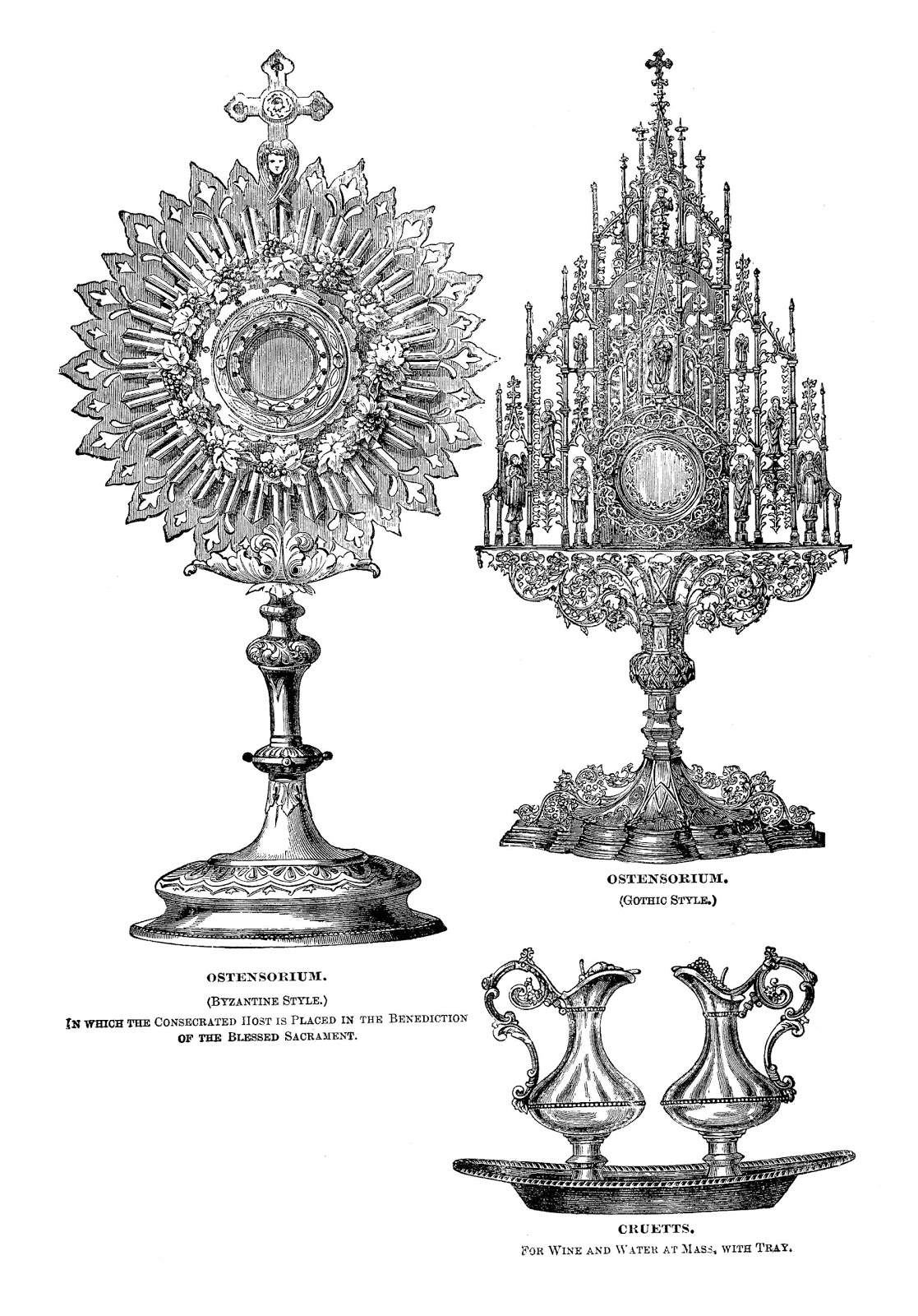 Historical illustration of three liturgical vessels: Byzantine and Gothic-style ostensoria, and cruets for wine and water at Mass.