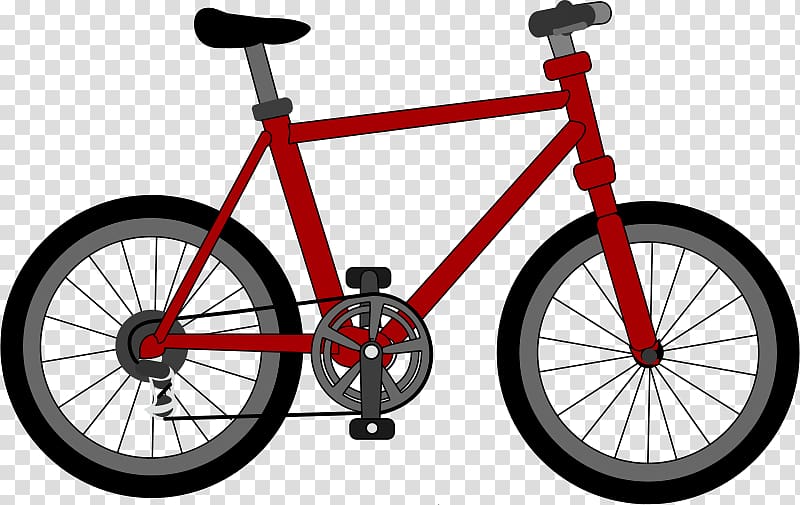 Red mountain bike illustration with black tires, gray rims, and silver pedals on transparent background.