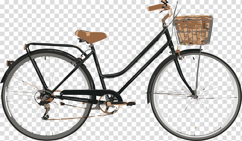 Classic black city bicycle with brown leather saddle, front wicker basket, and rear rack on transparent background.