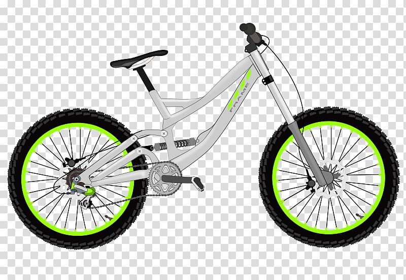 Silver full-suspension mountain bike with neon green rims and frame accents, shown in side profile on transparent background.