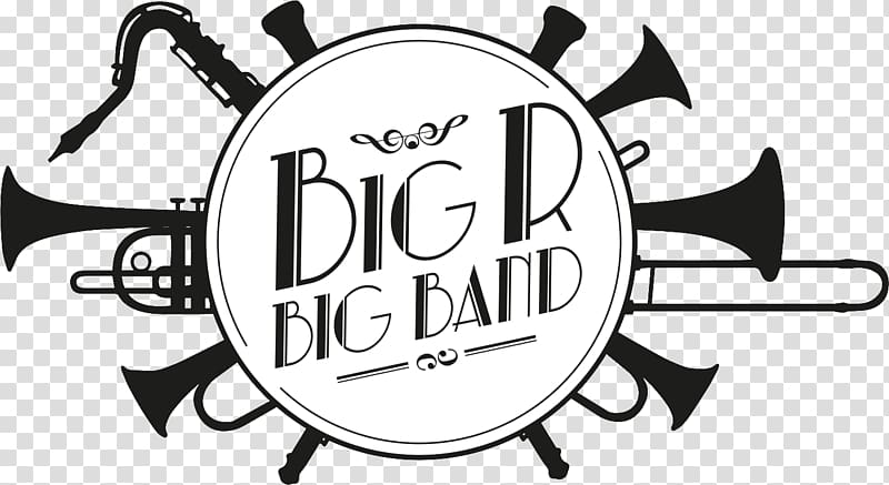 Black-and-white logo featuring "Big R Big Band" in vintage typography surrounded by brass instruments including saxophone, trumpet, and trombone.