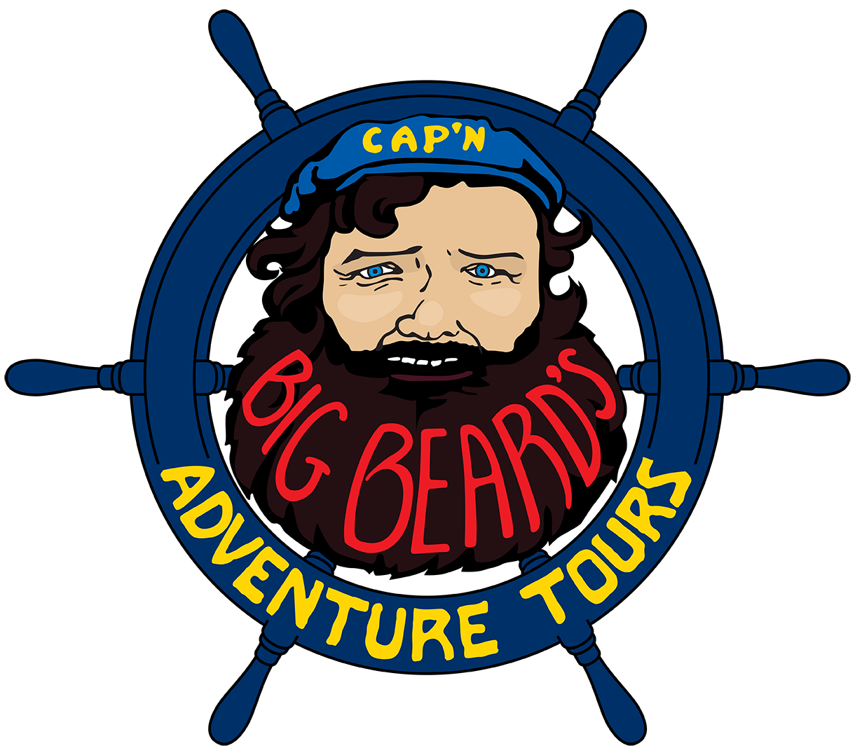 Logo for "Big Beard's Adventure Tours" featuring a bearded captain inside a ship’s wheel with bold red and yellow text.