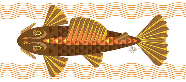 Stylized illustration of a geometric-patterned catfish with orange, brown, and yellow stripes swimming in wavy water lines.