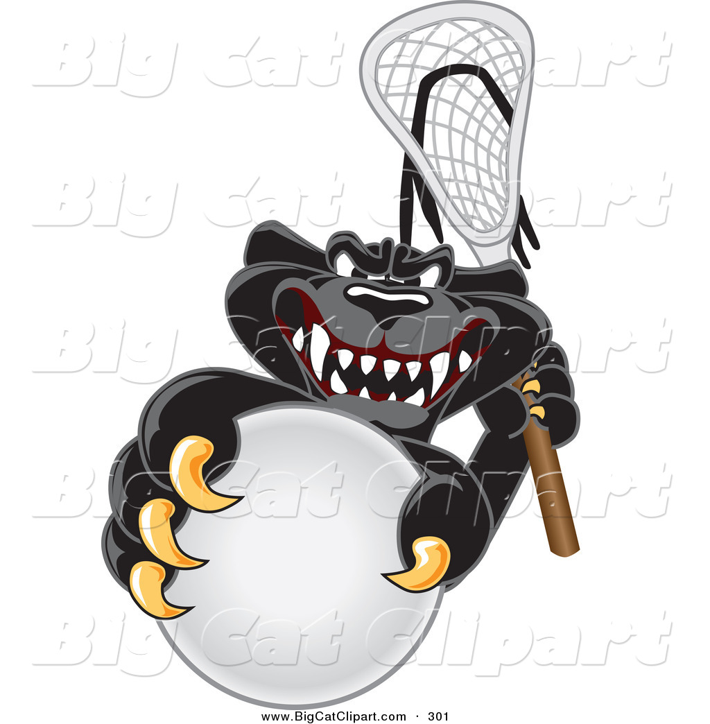 Fierce black panther mascot gripping a lacrosse ball and holding a stick, with sharp teeth and golden claws.