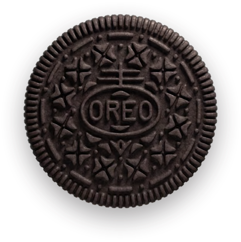 Close-up top view of a classic Oreo cookie with embossed logo and decorative pattern on dark chocolate wafer.