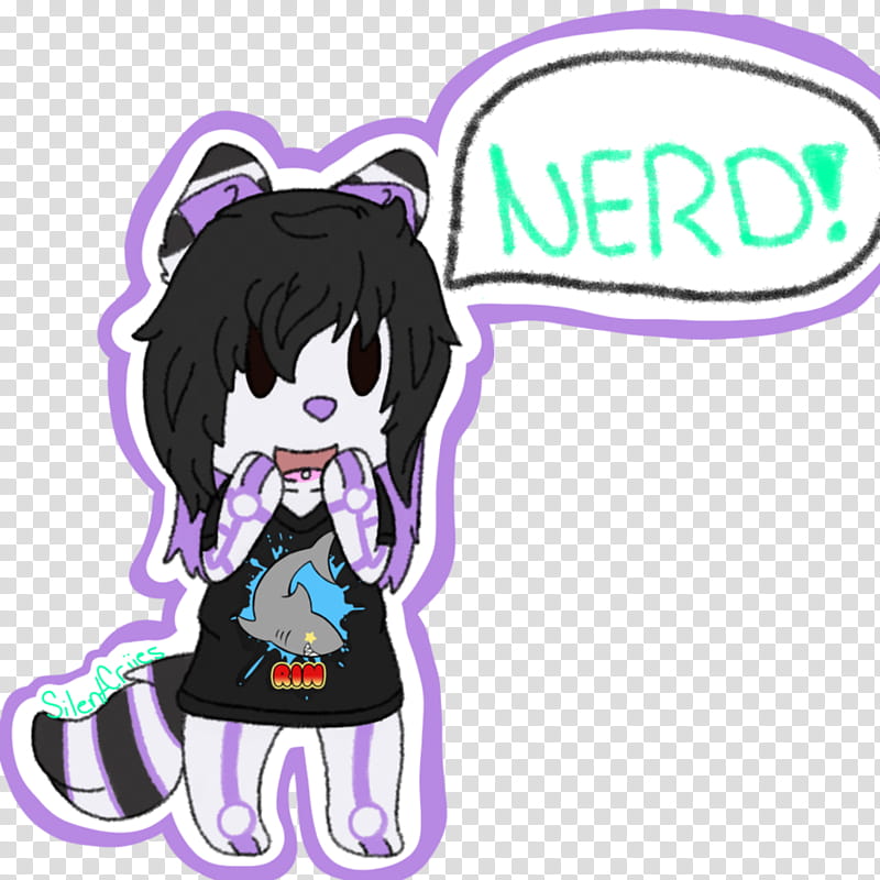 Chibi raccoon-furred character with black hair, purple accents, and shark t-shirt exclaiming "NERD!" in speech bubble.