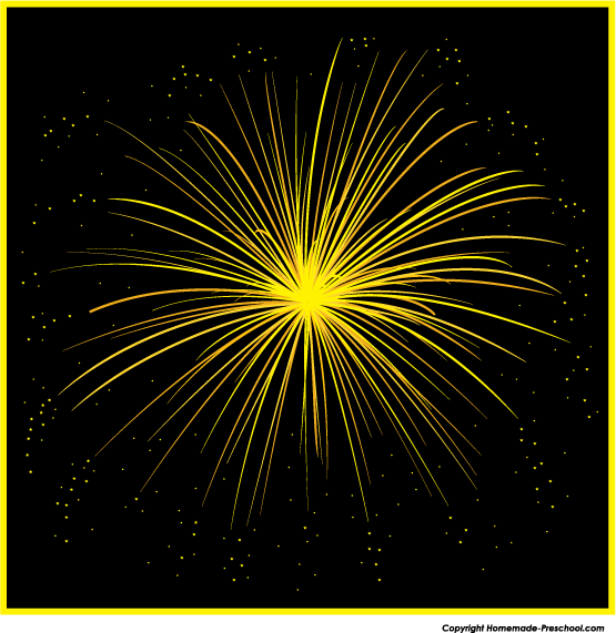 Bright yellow fireworks burst against a black night sky, with scattered golden sparks and a bold yellow border.