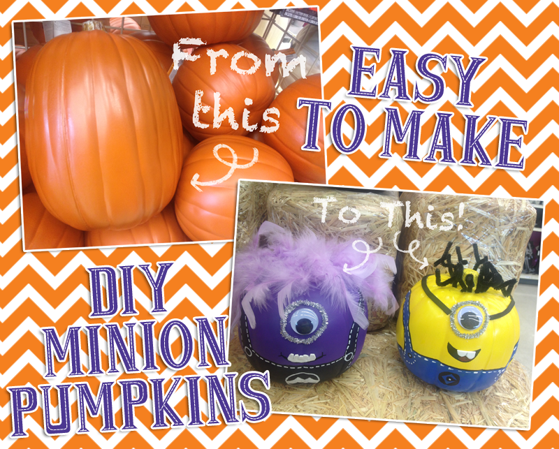 Before-and-after of plain pumpkins transformed into DIY Minion-themed Halloween decorations.