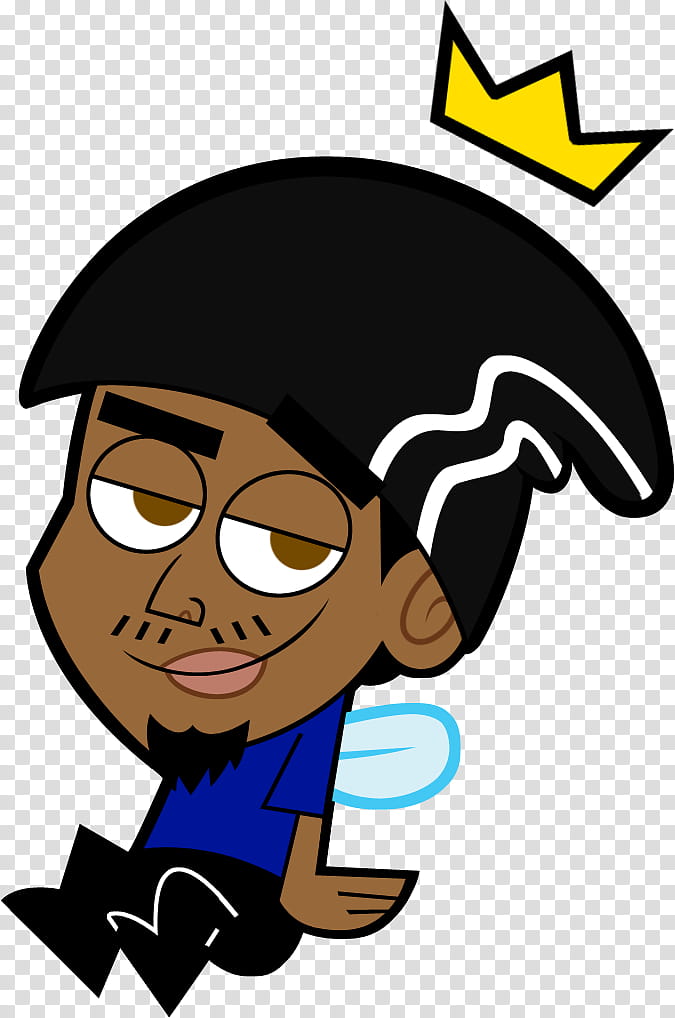 Cartoon fairy character with black hair, blue shirt, wings, and a floating yellow crown.