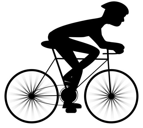 Silhouette of a cyclist in aerodynamic posture riding a road bike with spoked wheels and helmet.