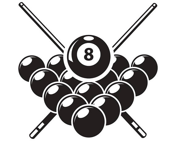 Black and white illustration of a racked pool balls with the 8-ball centered and two crossed cue sticks behind.