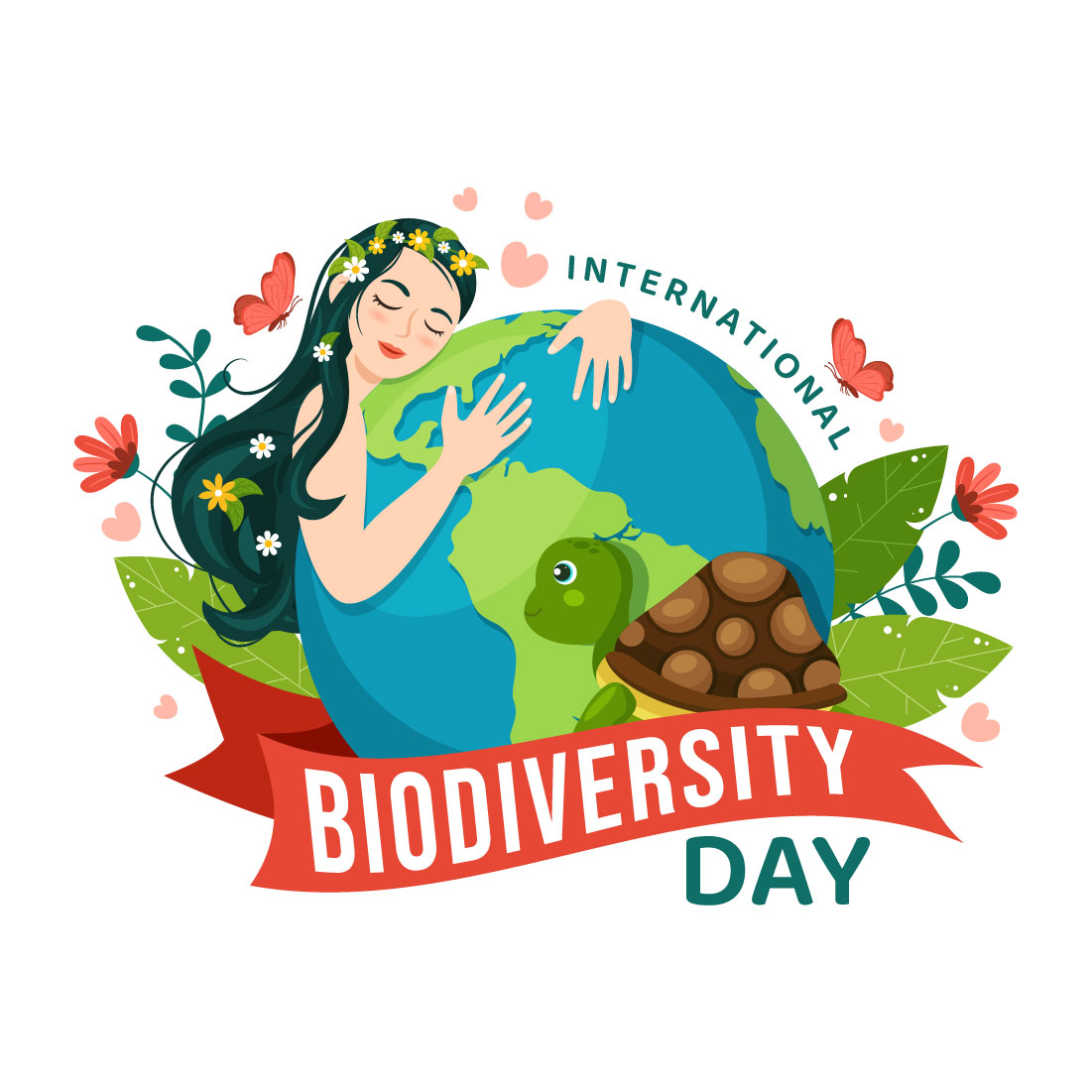 A woman with floral crown embraces Earth, surrounded by flowers, butterflies, a turtle, and a "Biodiversity Day" banner.