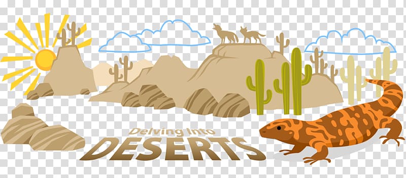 Desert landscape with sun, cacti, rocky hills, coyotes, and a Gila monster lizard; text reads "Delving Into Deserts".
