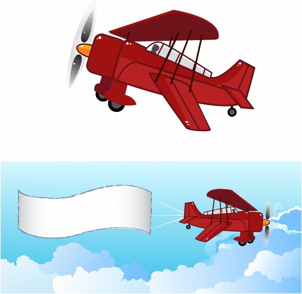 Red biplane flying solo and towing a blank banner in the sky, cartoon-style illustration.
