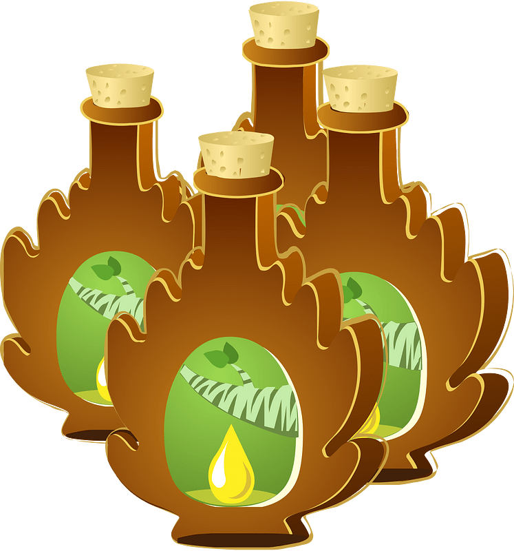 Four ornate brown bottles with cork stoppers, each containing green liquid and a birch leaf motif; central bottle shows a golden oil drop.