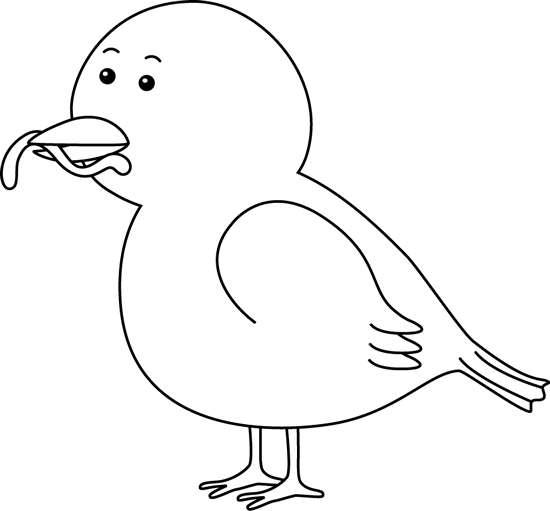 Simple line drawing of a cartoon bird holding a worm in its beak, facing left.