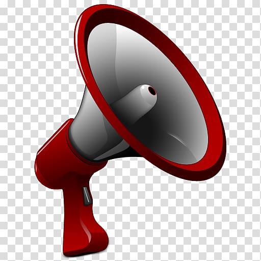 Red megaphone with silver cone, symbolizing announcement, promotion, or public speaking.