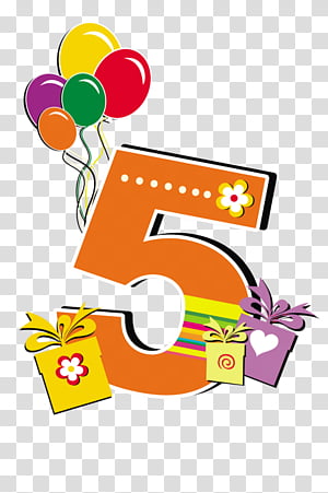 Festive orange number 5 with colorful balloons, gift boxes, and floral decorations on transparent background.