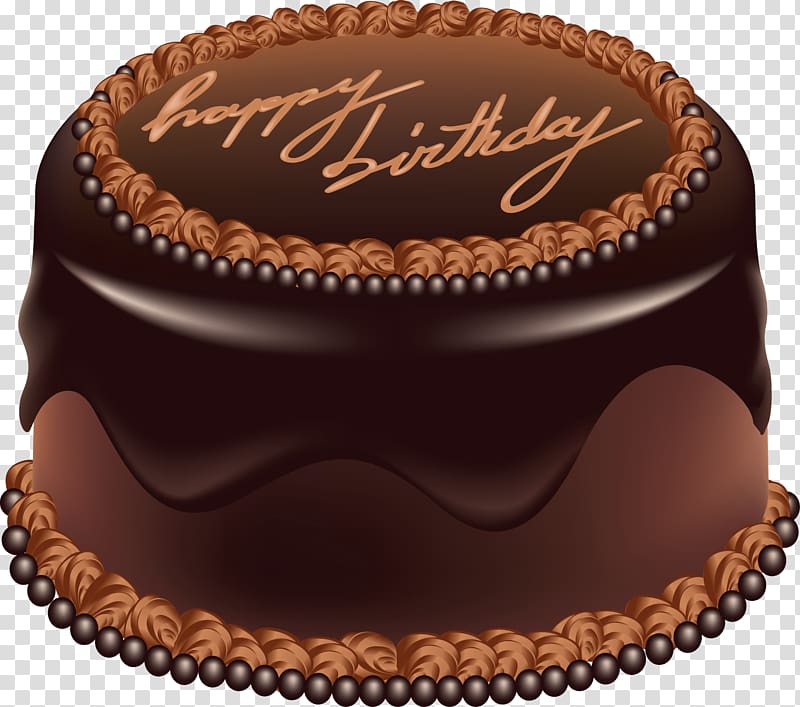 Rich chocolate birthday cake with glossy ganache, piped rosettes, chocolate pearls, and "Happy Birthday" script on top.