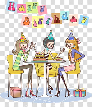 Three women celebrating a birthday with cake, party hats, and gifts around a table under a colorful "Happy Birthday" banner.