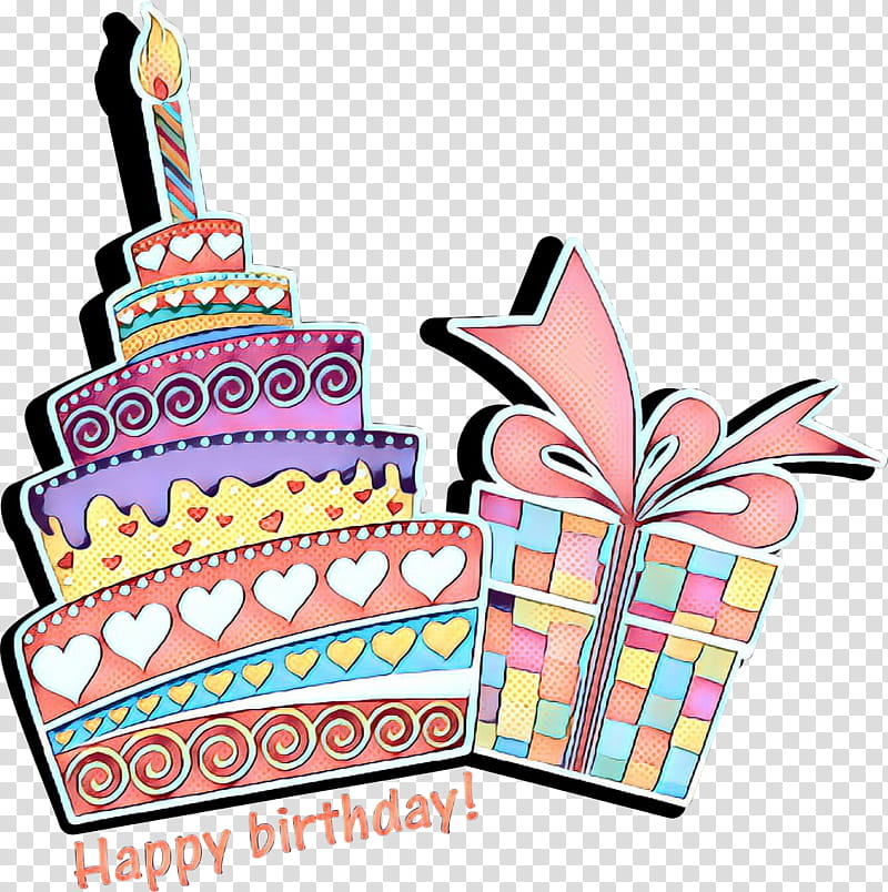 Colorful cartoon birthday cake with one candle and a wrapped gift box, labeled "Happy birthday!"