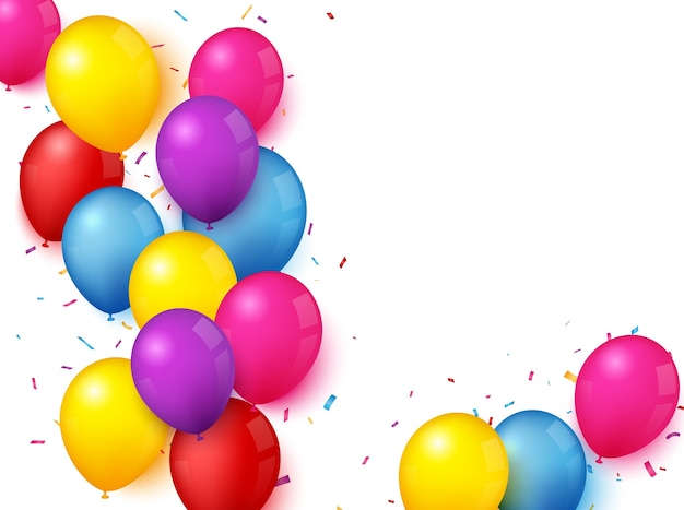 Colorful party balloons and confetti on white background, festive celebration theme.