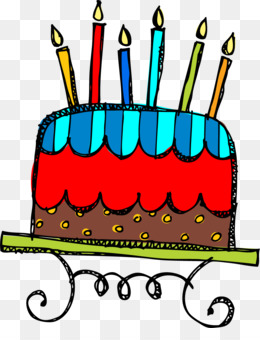 Colorful birthday cake with six lit candles, red frosting, blue scalloped border, and chocolate base on decorative stand.