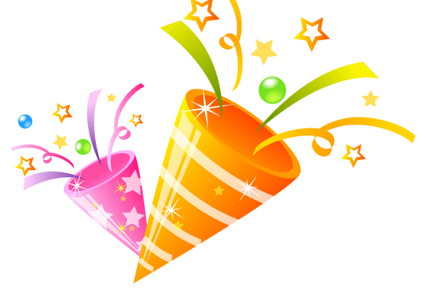 Two colorful party poppers bursting with stars, streamers, and confetti in pink and orange hues.