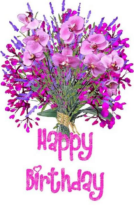 Vibrant pink orchid and purple lavender bouquet with "Happy Birthday" text in glittery pink font.