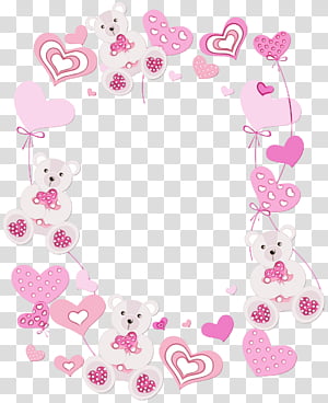 Pink heart and teddy bear decorative frame with ribbons on transparent background