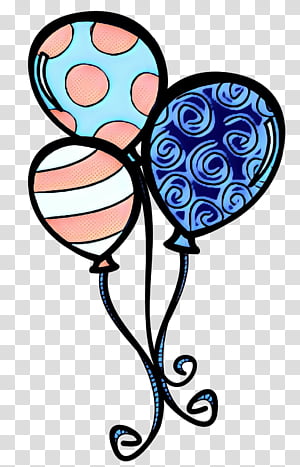 Three colorful patterned balloons-polka dot, striped, and swirl-with curled ribbons on transparent background.
