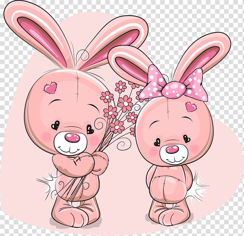 Two cute pink cartoon bunnies in love, one offering flowers to the other with hearts and a polka-dot bow.