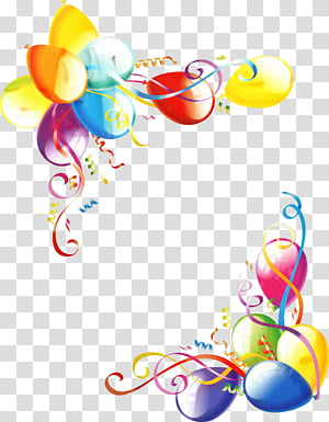 Colorful party balloons with ribbons and confetti in festive corner arrangement on transparent background.