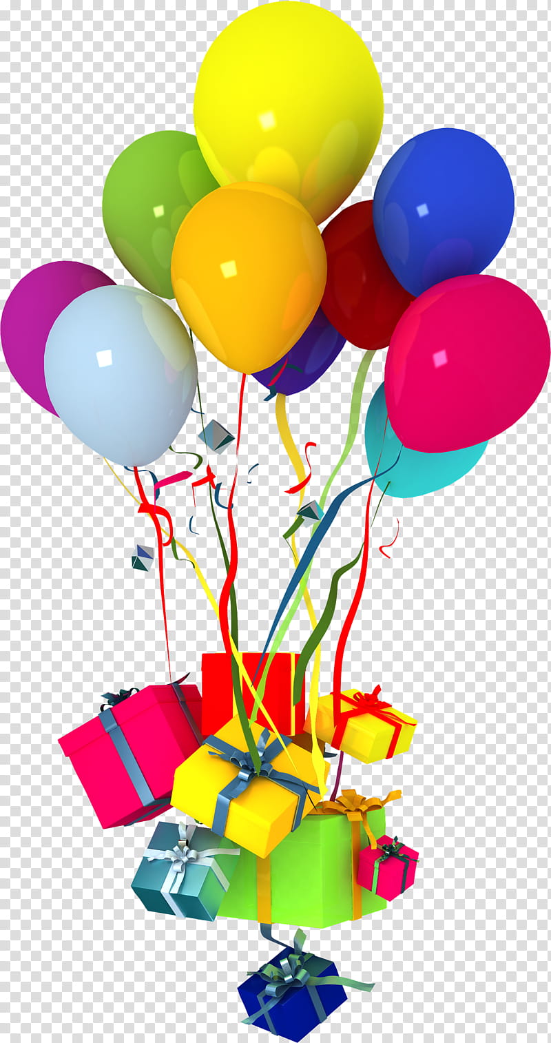 Colorful balloons and gift boxes tied together with ribbons, celebrating a festive occasion.