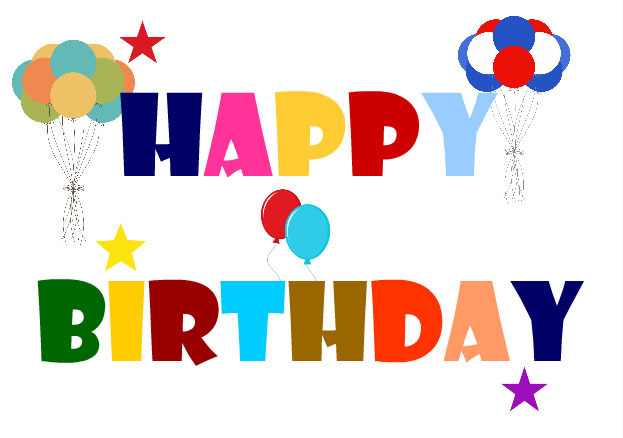 Colorful "Happy Birthday" text with balloons and stars on white background.