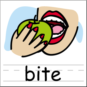 A cartoon hand with red nails holding a green apple about to be bitten by an open mouth.