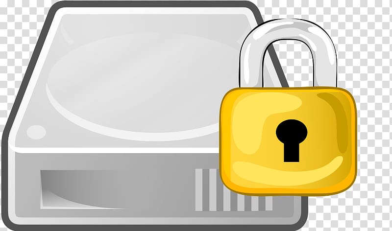 Gray external hard drive with a yellow padlock symbolizing data security and encryption.
