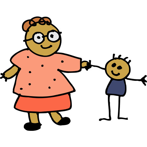A smiling older woman with glasses and a bun holds hands with a small child in a blue shirt; simple cartoon drawing.