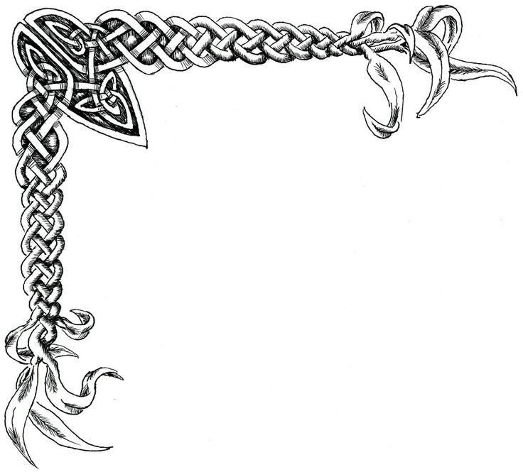 Intricate black-and-white Celtic knot border with leafy flourishes and triquetra motif in corner design.