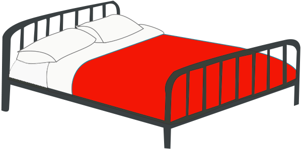 Simple metal-frame bed with white pillows and a bold red blanket, illustrated in clean line art style.