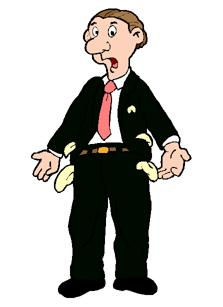 Cartoon man in suit with empty pockets, surprised expression, symbolizing financial hardship or bankruptcy.