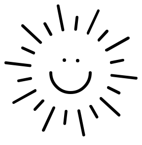 A cheerful hand-drawn sun with a smiling face and radiating rays, rendered in black lines on white background.