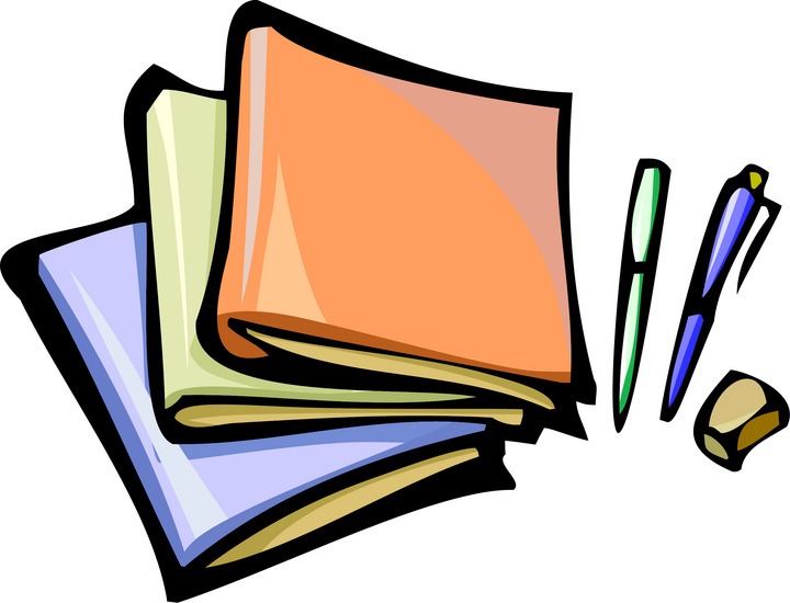 Stack of colorful notebooks with pens and an eraser, cartoon-style stationery illustration.