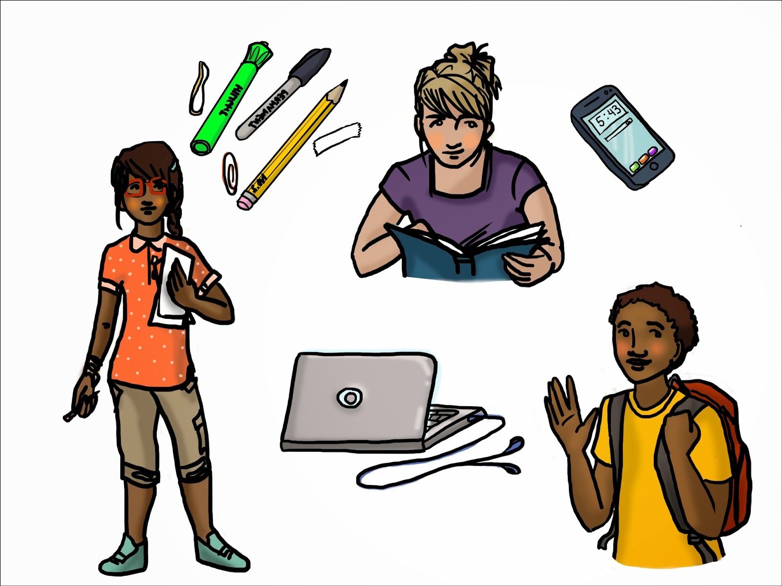 Three diverse students with school supplies: notebooks, laptop, phone, pens, and highlighters.