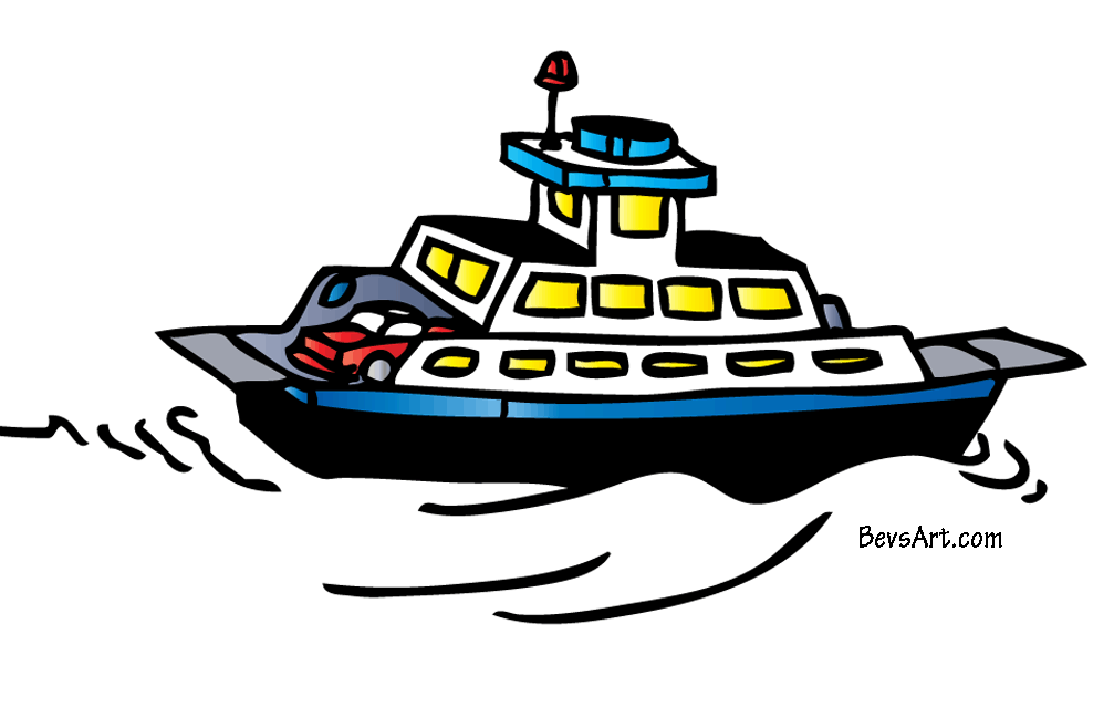 Cartoon ferry boat carrying a red car across water, with yellow windows and blue trim.
