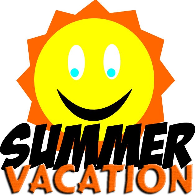 Smiling yellow sun with orange rays and bold text "SUMMER VACATION" below.
