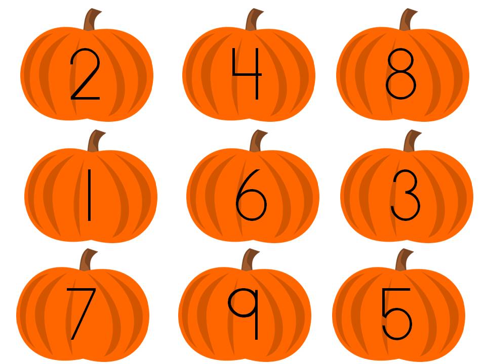Nine orange pumpkins arranged in a 3x3 grid, each labeled with a unique digit from 1 to 9 for educational counting or math activities.